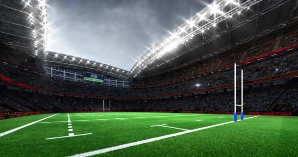 Stadion Rugby Punktami Bramkowymi Rogu Widoku Trawiasty Plac Zabaw Tłum — Wideo stockowe