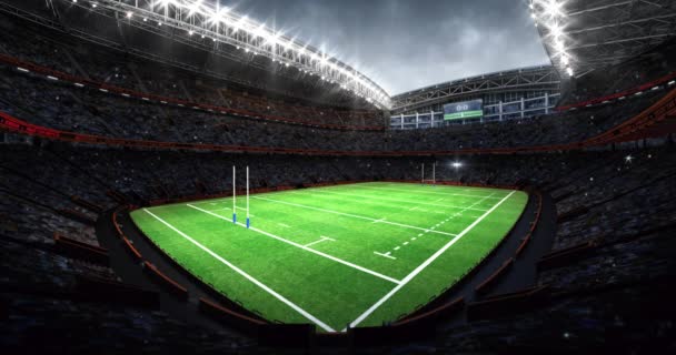 橄榄球体育场的门柱从球迷的视野 草甸的操场和粉丝的背景 体育广告用数码4K视频环路 — 图库视频影像