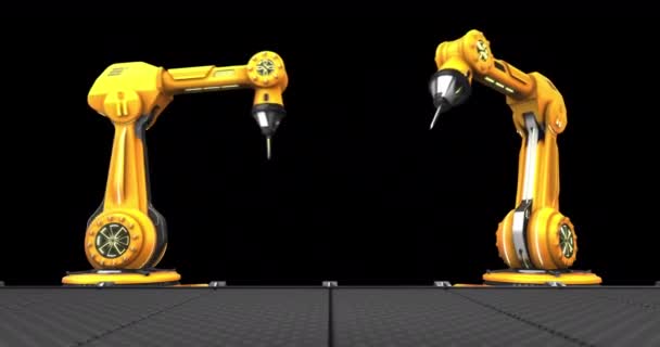 コンベアベルトを移動する2つの作業ロボットの手を隔離しました 含まれているアルファチャンネルと4Kループビデオとしての産業大量生産 — ストック動画
