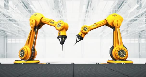 Két Működő Robotkéz Mozgó Szállítószalaggal Modern Autonóm Gyárban Ipari Tömegtermelés — Stock videók
