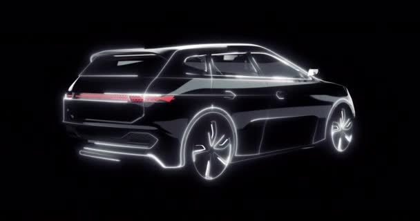 後ろから暗いショールームに展示現代の黒いSuv車のライトコンセプト 独自の設計された一般的な非既存の車の4Kアニメーションの白い線の動き — ストック動画