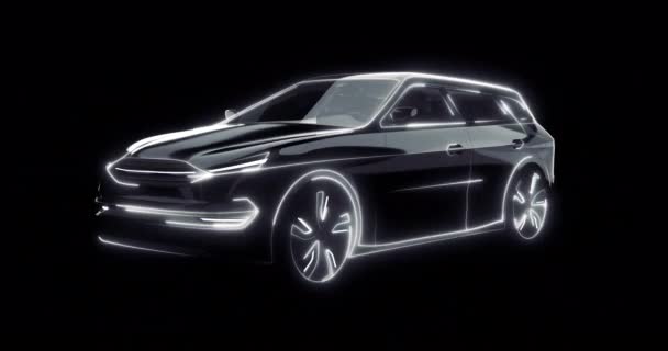 フロントからダークショールームに展示されたモダンなブラックSuv車のライトコンセプト 独自の設計された一般的な非既存の車の4Kアニメーションの白い線の動き — ストック動画