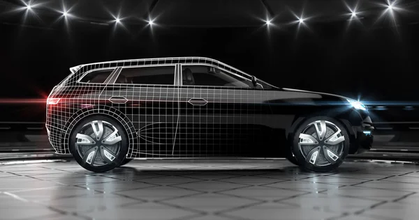 Ledヘッドライトと黒のSuv車の現代的なデザインと技術計画 車の一般的な非既存のプロトタイプの側面図 プロダクト3Dレンダリング — ストック写真