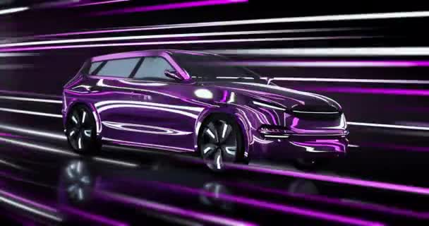 Szybko Poruszający Się Samochód Suv Błyszczącym Neonowym Tunelu Oświetlonym Niekończąca — Wideo stockowe