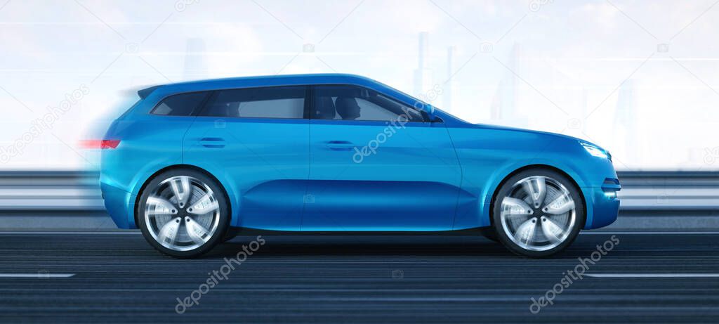 Side view of modern blue SUV car on the road in motion and city skyline on the background. Professional 3d rendering of own designed generic non existing car model.