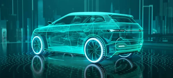 Augmented Reality Wireframe Car Concept Road Futuristic City Background Suv — Stock Fotó