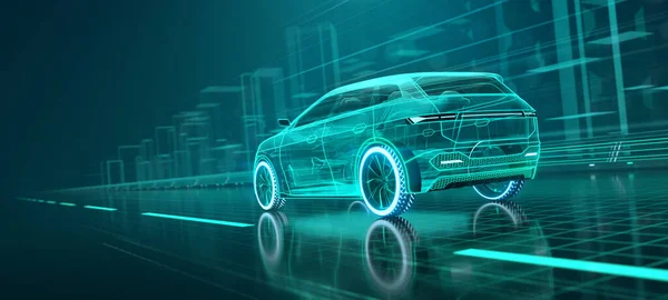 Riding Wireframe Car Concept Road Futuristic City Background Back View — 图库照片#