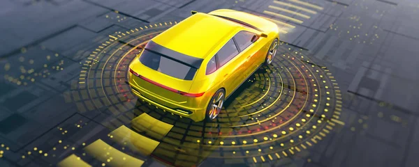 Golden SUV car on the tech abstract space and HUD system of autonomous driving. Upper view to back side of car. Professional 3d rendering of own designed generic non existing car model.