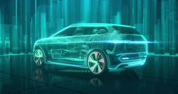 Concepto Coche Wireframe Superficie Brillante Con Ciudad Futurista Fondo Moderno — Vídeos de Stock