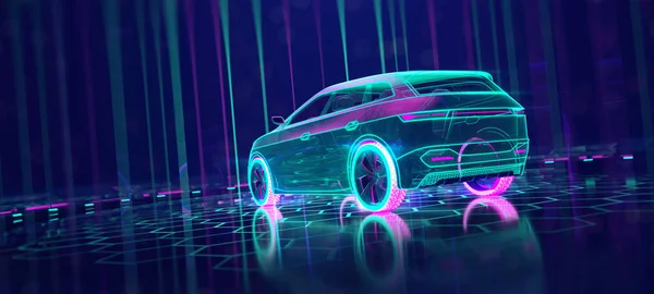 Cyberpunk neon car on the tech space and vertical rays of light around. Back side of the SUV car. Professional 3d rendering of own designed generic non existing car model.