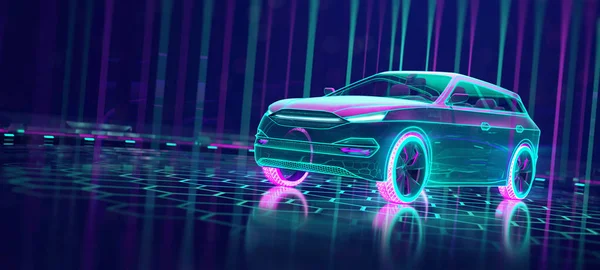 Cyberpunk neon car on the tech space and vertical rays of light around. Front side of the SUV car. Professional 3d rendering of own designed generic non existing car model.