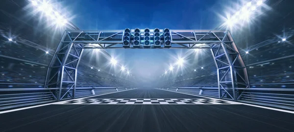 Tor Wyścigowy Sprawdzona Linia Mety Bramy Stalowej Reflektory Oświetlone Stadion — Zdjęcie stockowe
