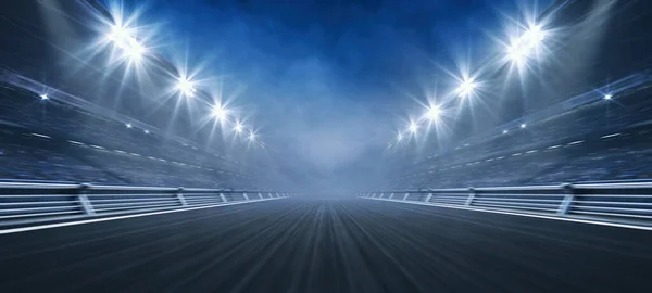 空旷的赛道和泛光灯照亮了体育场的夜晚 赛车运动的专业数码3D图解 — 图库照片
