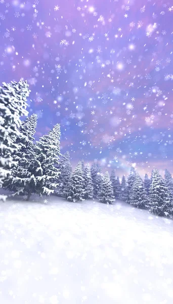 Winter calm landscape with snow covered trees at snowstorm. Wintertime nature vertical background as digital 3D illustration.