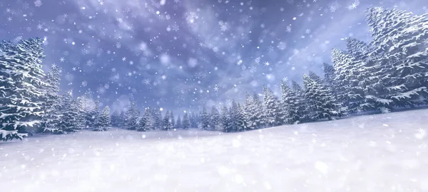 Winter calm landscape with snow covered trees at snowstorm. Wintertime nature background as digital 3D illustration.