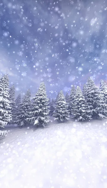 Winter calm landscape with snow covered trees at blizzard. Wintertime nature vertical background as digital 3D illustration.