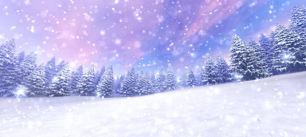 吹雪の中で雪に覆われた木々と冬の風景 デジタル3Dイラストとしての冬の自然背景 — ストック写真