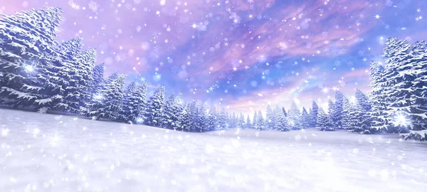 吹雪の中で雪に覆われた木と冬の風景 デジタル3Dイラストとしての冬の自然背景 — ストック写真
