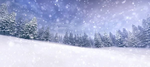 Winter calm landscape with snow covered trees at blizzard. Wintertime nature background as digital 3D illustration.