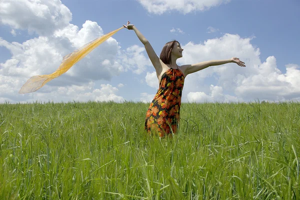 Hermosa mujer en campo de hierba verde y cielo nublado —  Fotos de Stock
