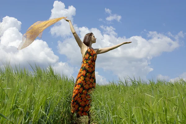 Schöne Frau in grünem Gras Feld und Wolkenhimmel — Stockfoto