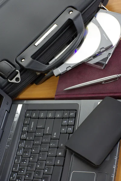 Business briefcase with computer — Stock Photo, Image