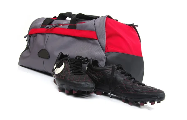 Obuwie sportowe. piłka nożna buty i torby. — Zdjęcie stockowe