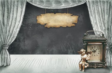 Theater stage with curtain and retro clock clipart