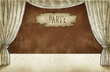 Theater stage with curtain and inscription party clipart