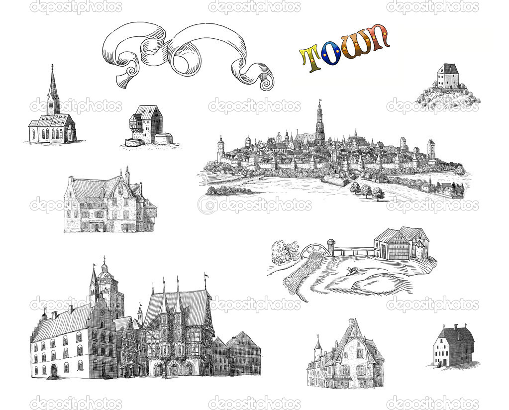 Old town set illustration