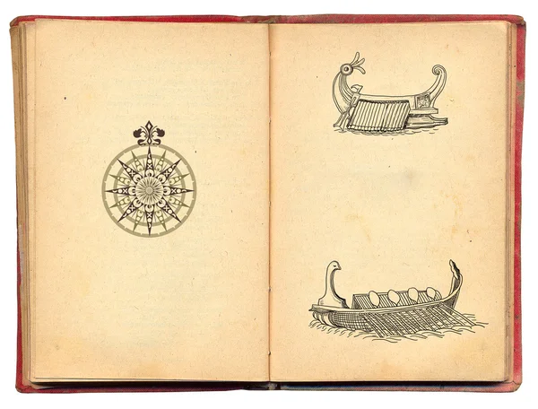 Stará kniha s pirátskou lodí ilustrace — Stock fotografie