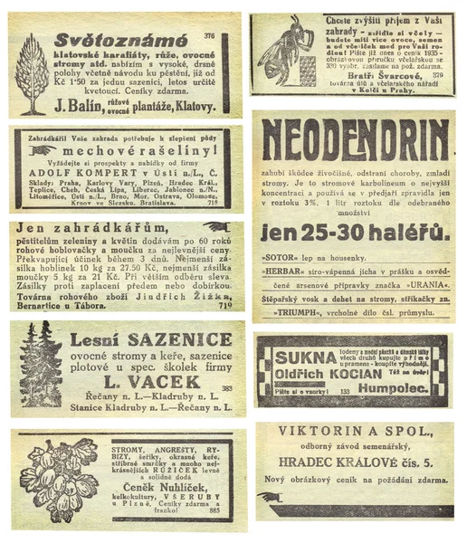 Strona gazety z reklamy, 1935, Republika Czeska — Zdjęcie stockowe