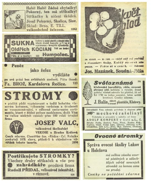 Strona gazety z reklamy, 1935, Republika Czeska — Zdjęcie stockowe