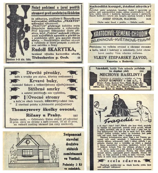 Pagina del giornale con pubblicità, 1935, Repubblica Ceca — Foto Stock