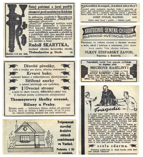 Strona gazety z reklamy, 1935, Republika Czeska — Zdjęcie stockowe