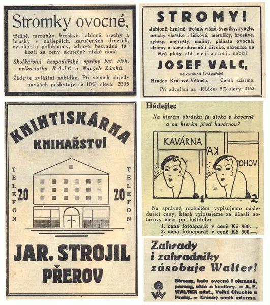 Strona gazety z reklamy, 1935, Republika Czeska — Zdjęcie stockowe