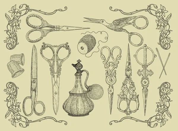 Outils à coudre et à tricoter dessinés à la main . — Photo