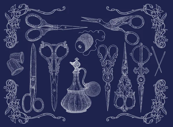Herramientas de coser y tejer dibujadas a mano . Imagen de stock