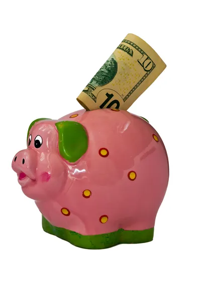 小猪，在白色背景上的钱钱盒 — 图库照片