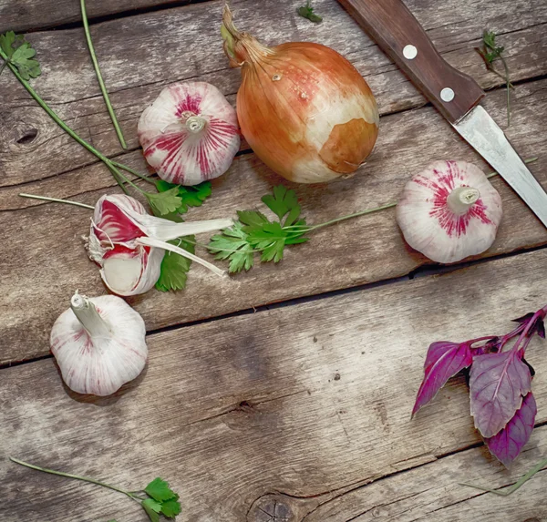 Knoblauch, Zwiebeln und Gewürze — Stockfoto