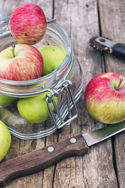 Reife, süße Apfelernte im Herbst und fallendes Laub — Stockfoto