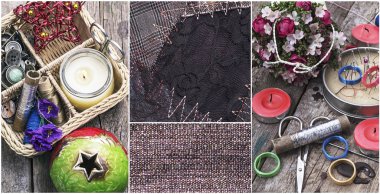 dikiş seti araçları ve tekstil kumaş örnekleri