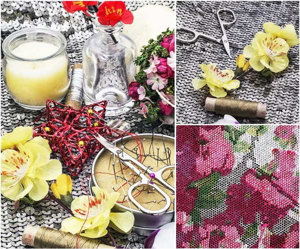 Sewing tools and floral decorations — Stock Photo, Image