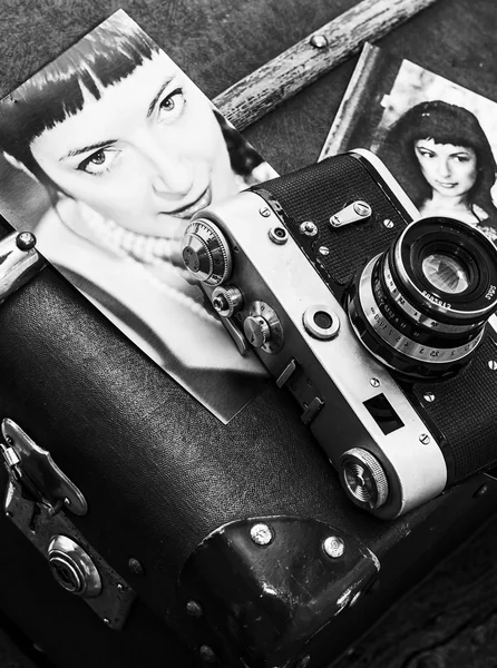 Retro photography stylish girls and old bag — Stock Photo, Image