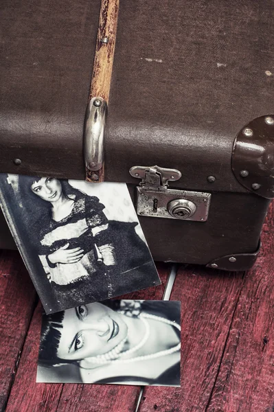 Retro photography stylish girls and old bag — Stock Photo, Image