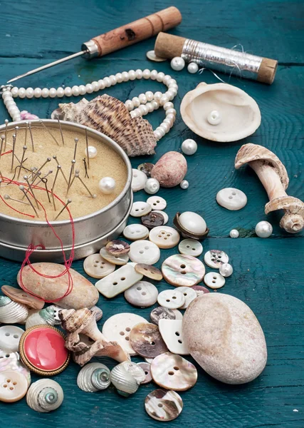 Muscheln und Nähbedarf — Stockfoto