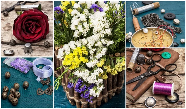 Herramientas de coser y flores silvestres — Foto de Stock