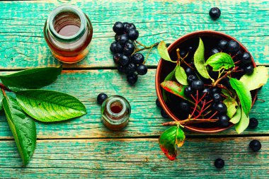 Bir sürü taze böğürtlen. Aronia melanocarpa.Bitkisel ilaç ve homeopati.