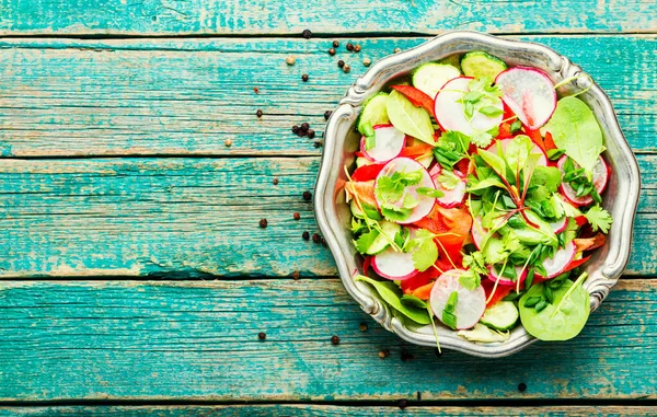 Healthy Vegetable Salad Made Radish Pepper Cabbage Greens Space Text — Stock Photo, Image