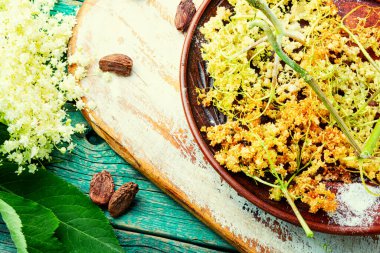 Pudra şekerli kızartılmış mürver çiçeği. Bahar çiçeği tatlısı